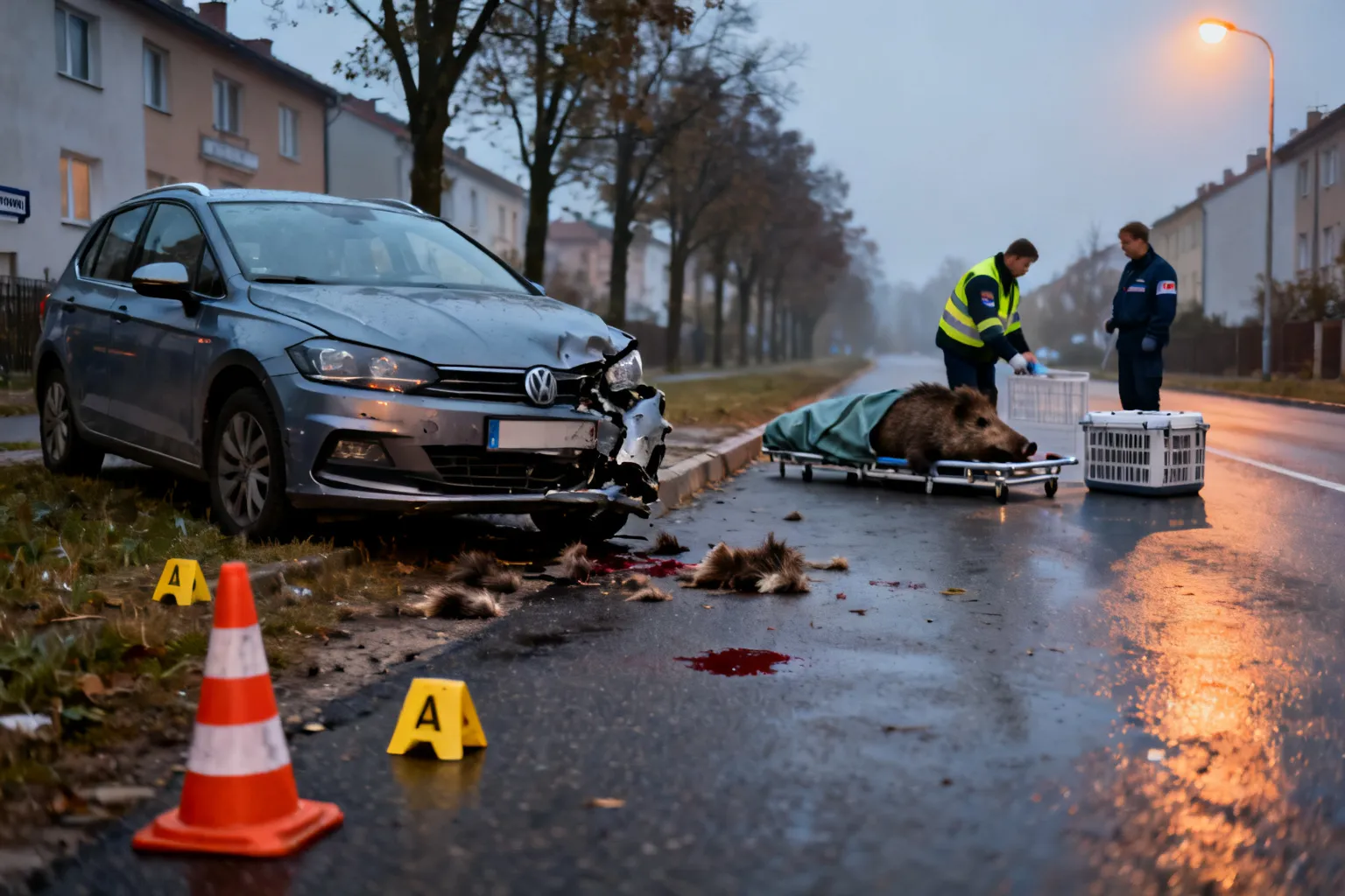 Dzik uderzył w samochód na Rokicińskiej w Łodzi — zwierzę nie przeżyło