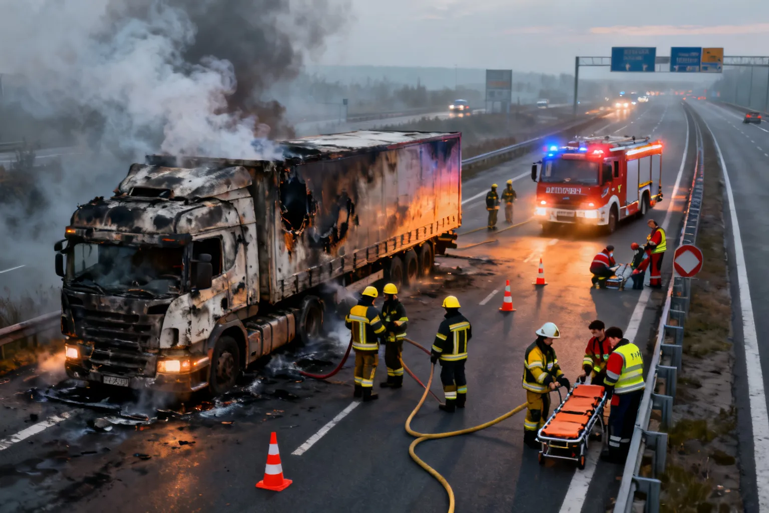 Pożar ciężarówki na A2 (383. km) — prawy pas zablokowany