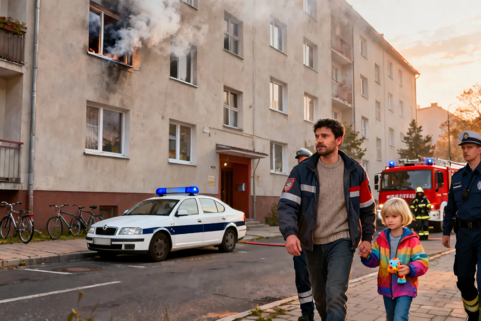 Zadymienie w bloku przy ul. Pięknej w Łodzi. Policjanci wyprowadzili 38-latka i dziecko